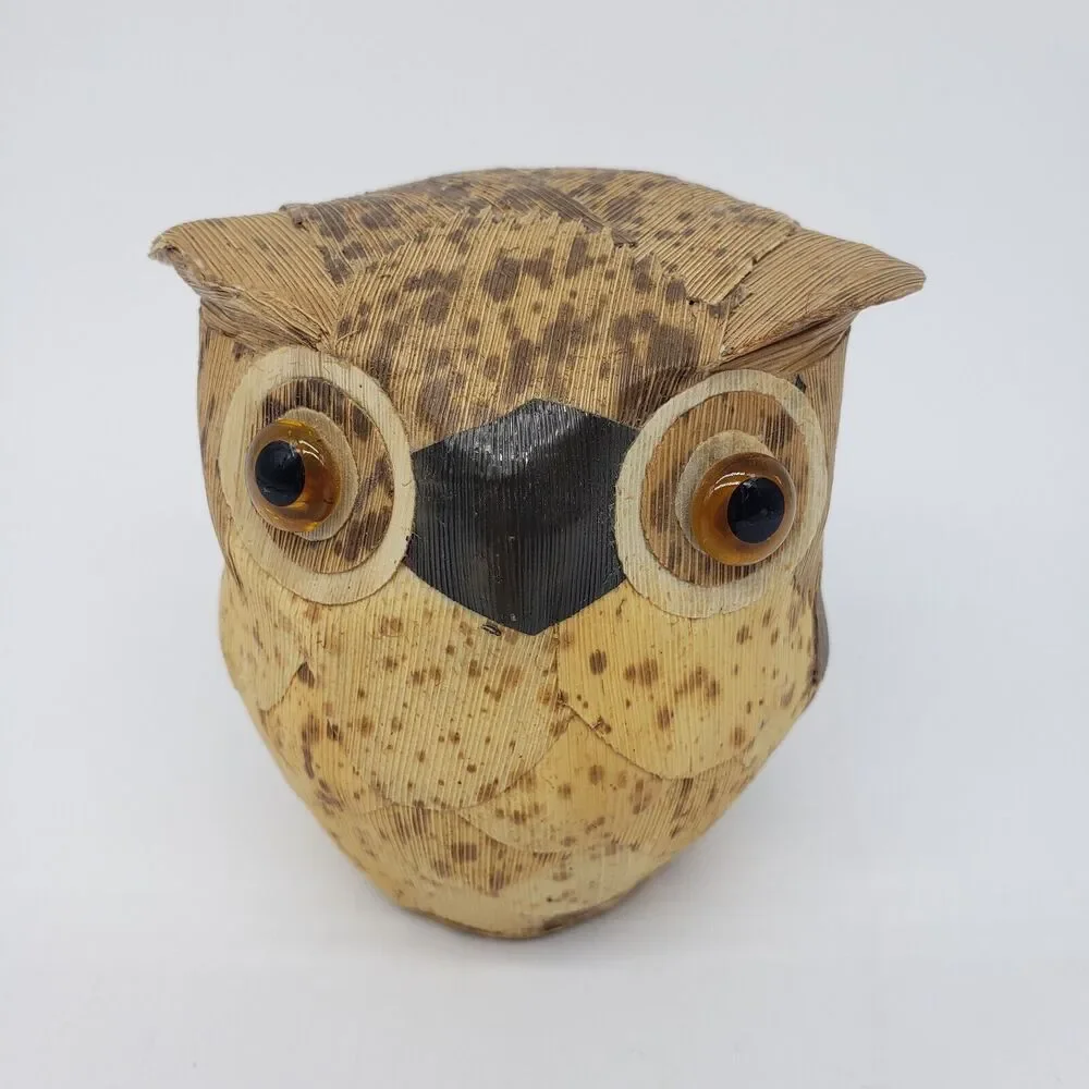 Japanese Wooden Tree Bark Crafted Owl‎ Bank Fukuro Statue Lucky Figure